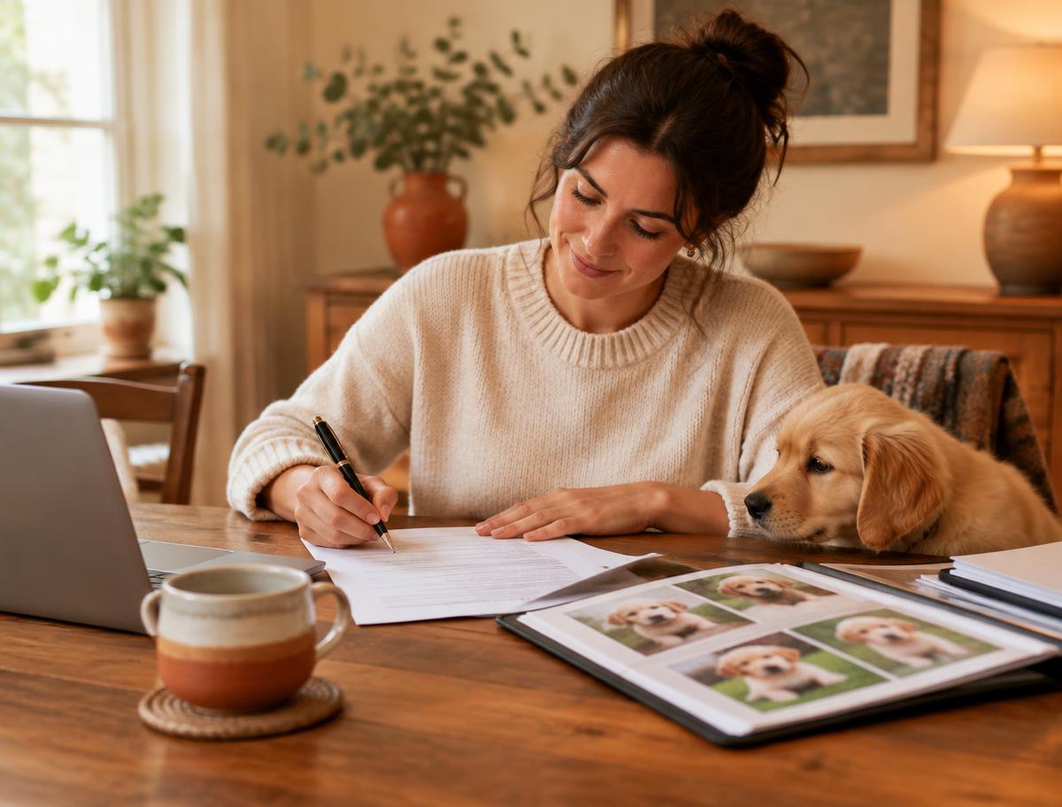A breeder signing puppy paperwork at a kitchen table