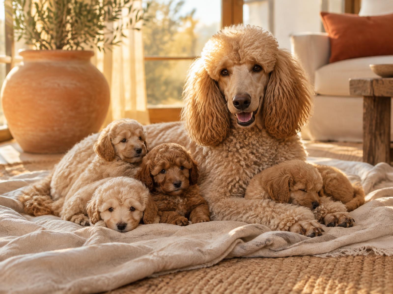A poodle resting with her litter of puppies in a sunlit home