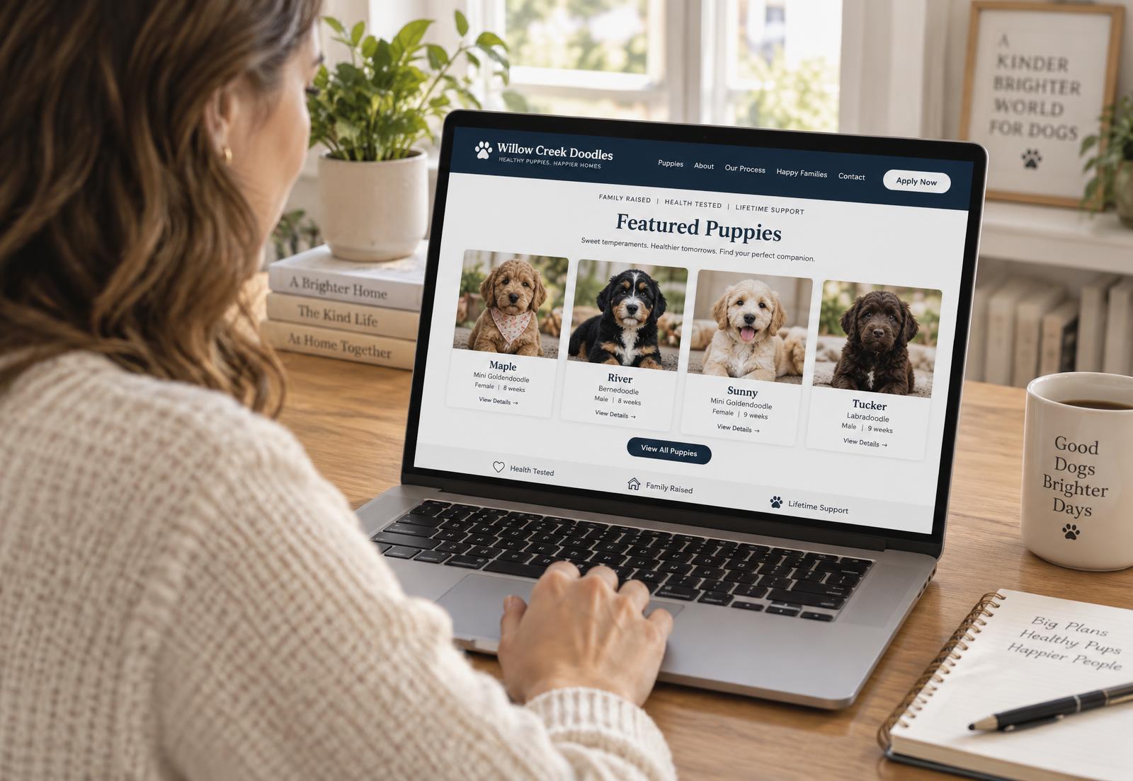 A puppy buyer at her desk browsing a breeder website showing featured puppies on a laptop