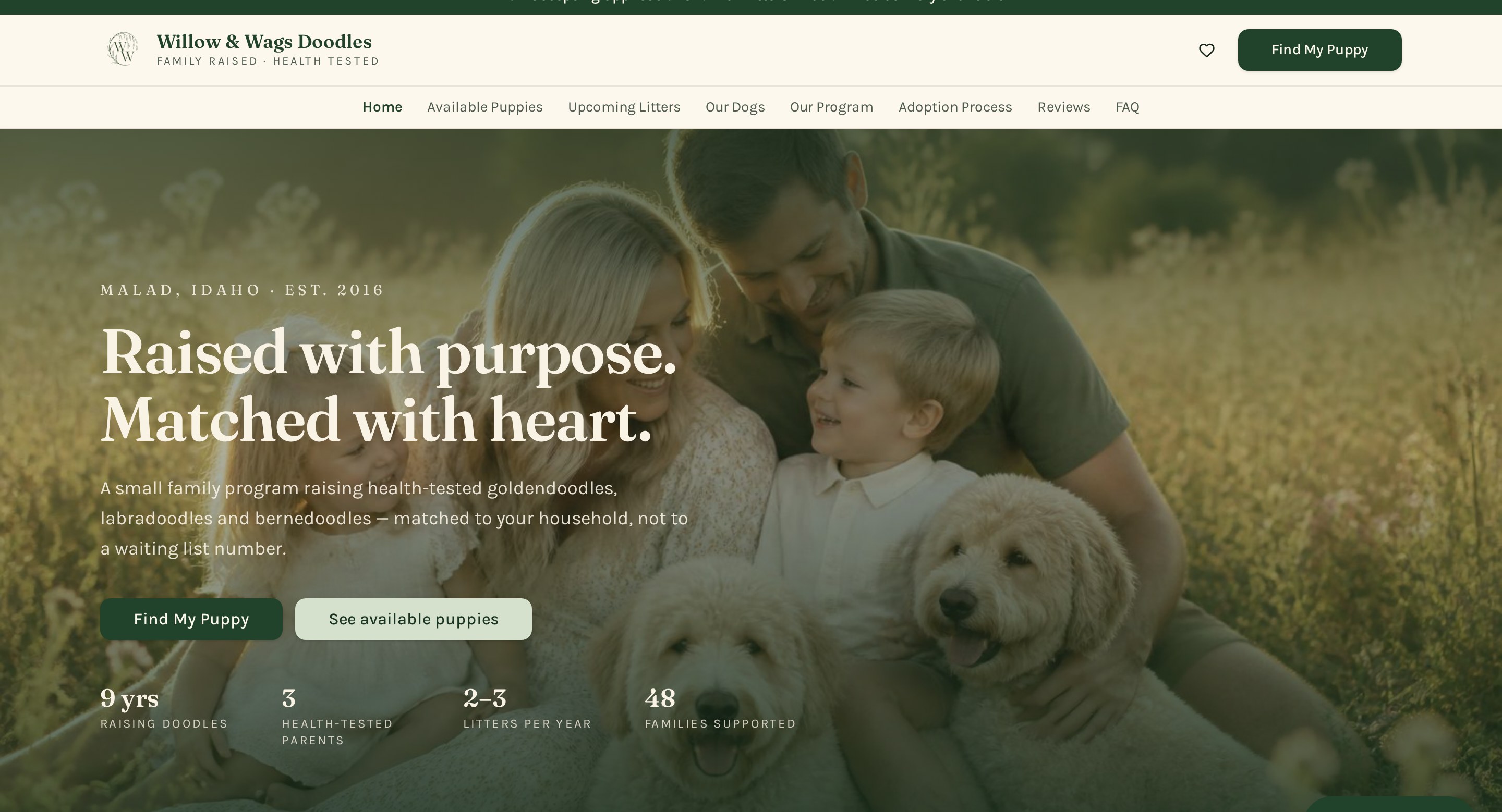 The Willow & Wags demo homepage open on a laptop, showing the site header and featured puppies